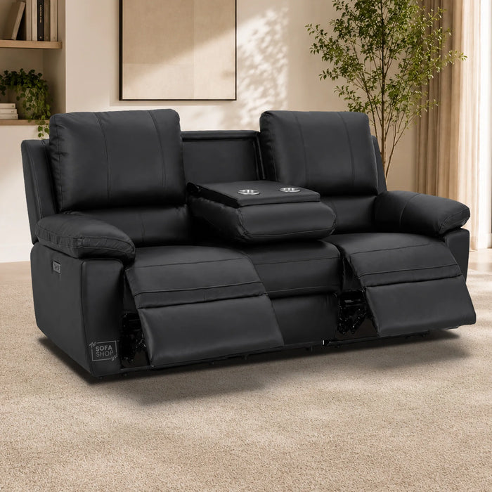 3 Seater Electric Recliner Sofa In Black Real Leather | Power Recliner With Drop-Down Table & USB+C Charging | Comfortable & Family-Friendly Sofa | Trento | The Sofa Shop