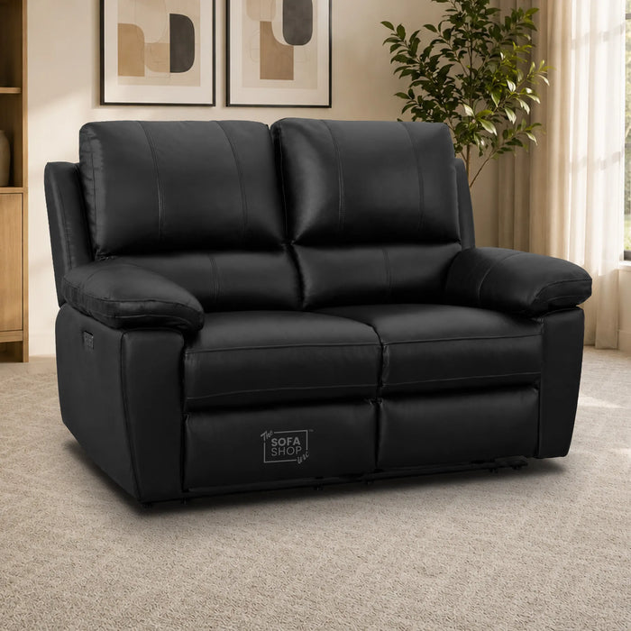 3+2 Electric Recliner Sofa Set In Black Real Leather | Recliner Sofa Package With Power Recline + Drop-Down Table + Cup Holders + USB-C Charging | Trento | The Sofa Shop