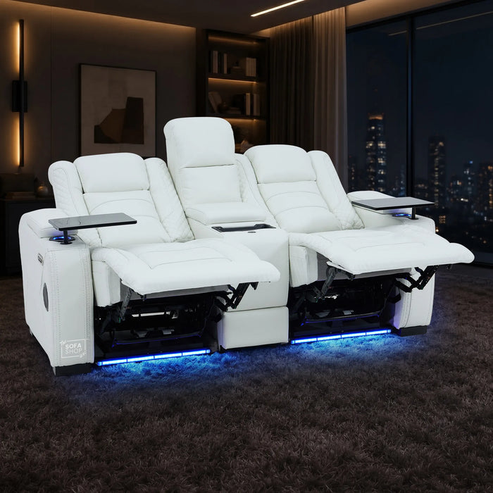 2 Seater Cinema Sofa in White Genuine Leather | Hi-Tech Console Couch with Power Recline + Power Headrests + Sockets + Speakers + Cooling Cupholders | Napoli | The Sofa Shop