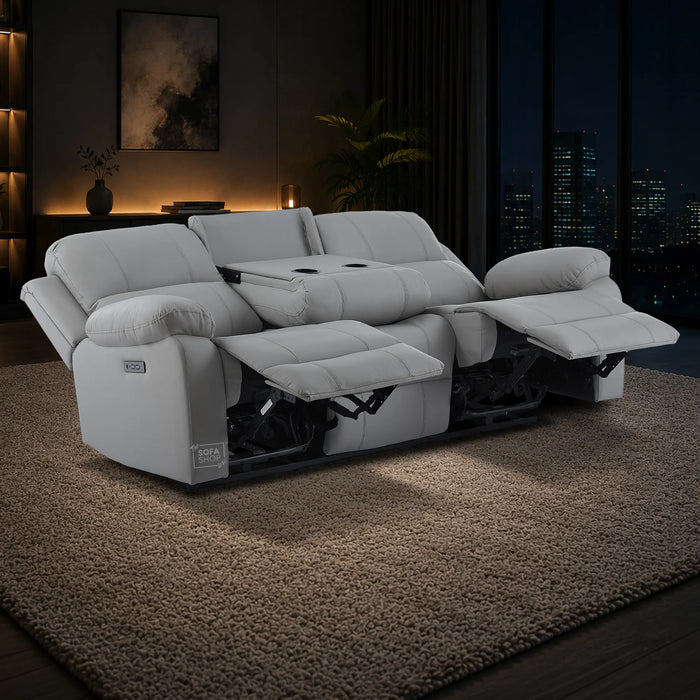 3 Seater Electric Recliner Sofa In Light Grey Real Leather | Power Recliner With Drop-Down Table & USB+C Charging | Comfortable & Family-Friendly Sofa | Trento | The Sofa Shop