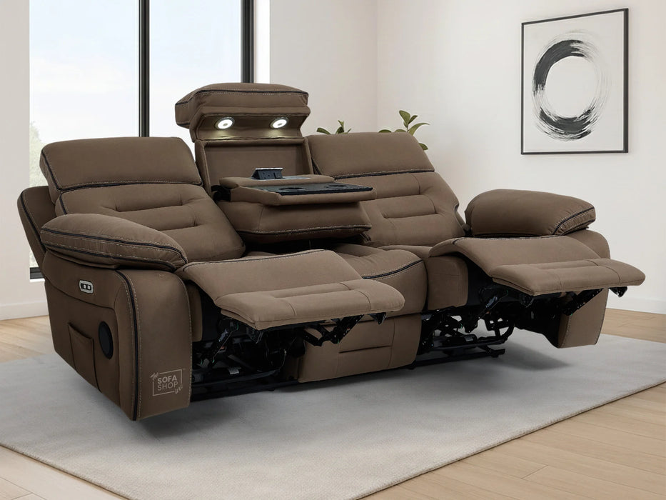 3 Seater Electric Recliner Cinema Sofa in Mocha Brown Fabric | Power Headrests, Bluetooth Speakers, Fold-Down Table & Storage | Tuscany
