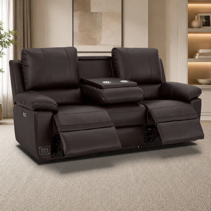 3 Seater Electric Recliner Sofa In Dark Brown Real Leather | Electric Settee With Power Recline + Drop-Down Table + Cup Holders + USB-C Charging | Trento | The Sofa Shop