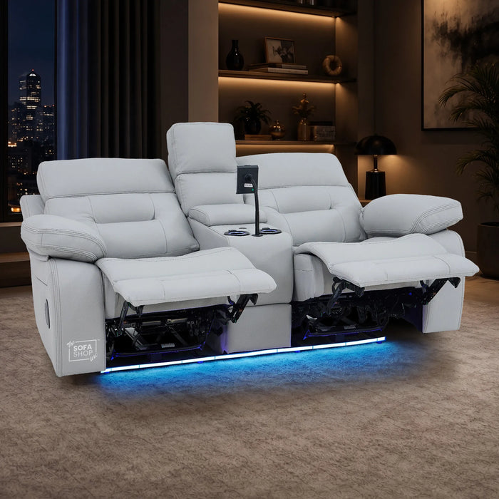 2 Seater Cinema Sofa in Light Grey Genuine Leather | Hi-Tech Console Couch with Power Recline + Power Headrests + Speakers + Cooling Cupholders | Sicily | The Sofa Shop
