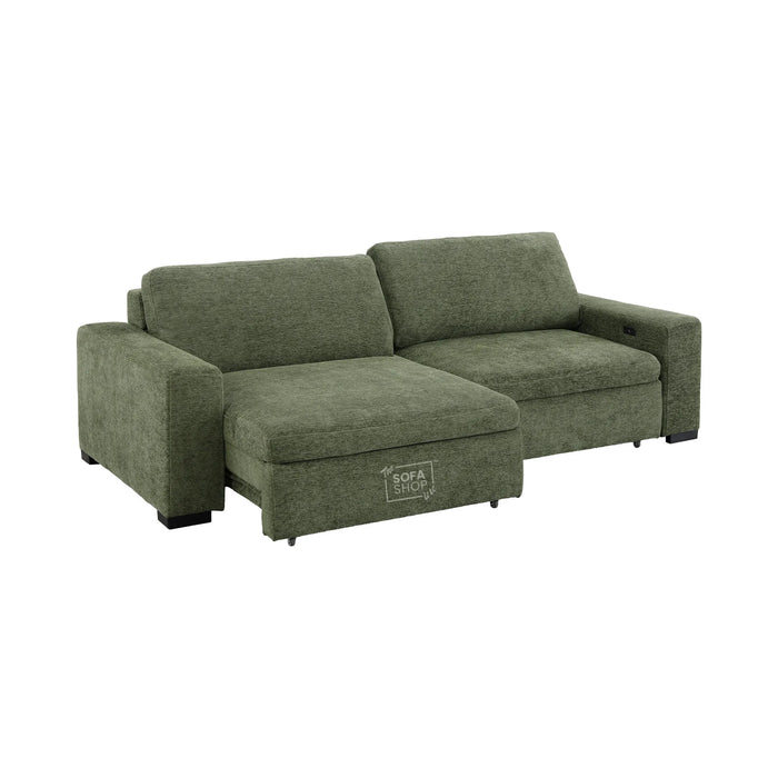Extendable Electric Sofa Bed in Green Chenille Fabric | 3 Seater Power Sliding Couch Perfect for Home Cinema & Movie Nights | USBc Charging Ports | Palma | The Sofa Shop