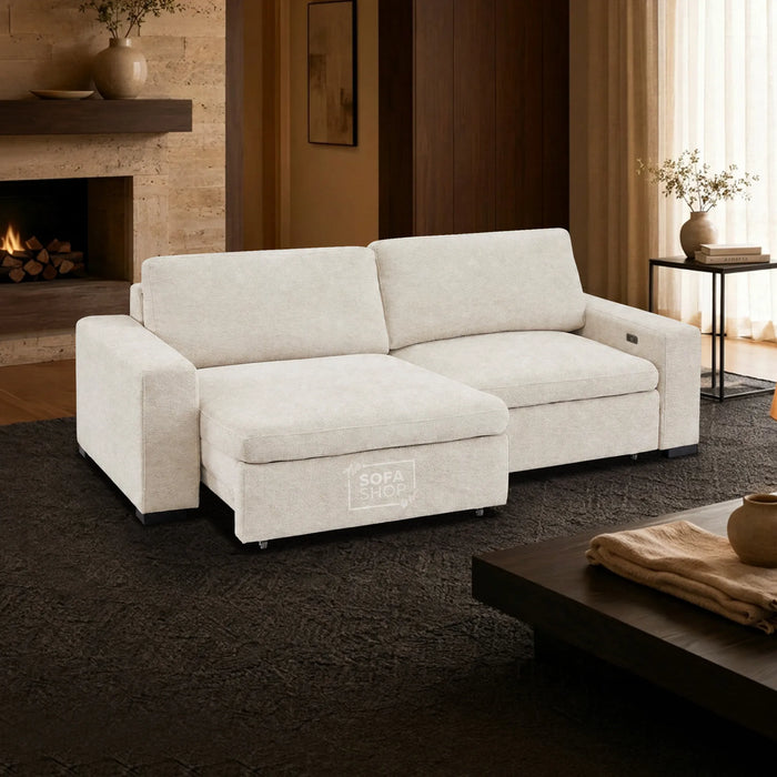 Extendable Electric Sofa - Bed in Cream Chenille Fabric | 3 Seater Power Sliding Couch Perfect for Home Cinema & Movie Nights  | USBc Charging Ports | Palma