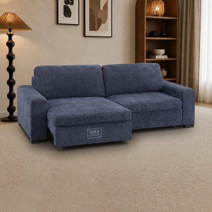 3 Seater Fabric Extendable Electric Sofa Bed | Power Sliding Couch With USB+C Charging | Blue Chenille Fabric | Home Theatre Seating & Comfort Headrests | Palma | The Sofa Shop