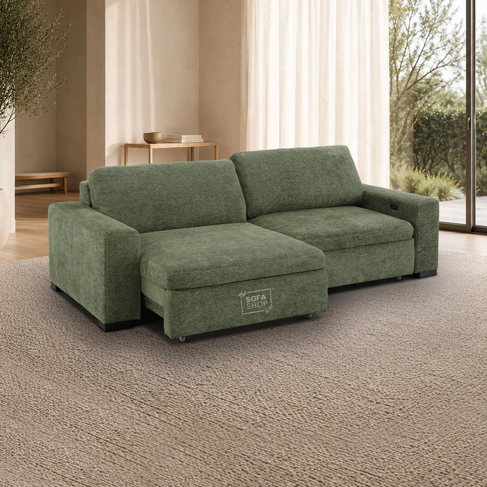 Extendable Electric Sofa Bed in Green Chenille Fabric | 3 Seater Power Sliding Couch Perfect for Home Cinema & Movie Nights | USBc Charging Ports | Palma | The Sofa Shop