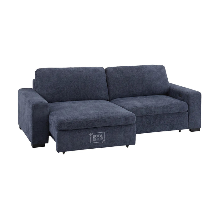 3 Seater Fabric Extendable Electric Sofa Bed | Power Sliding Couch With USB+C Charging | Blue Chenille Fabric | Home Theatre Seating & Comfort Headrests | Palma | The Sofa Shop