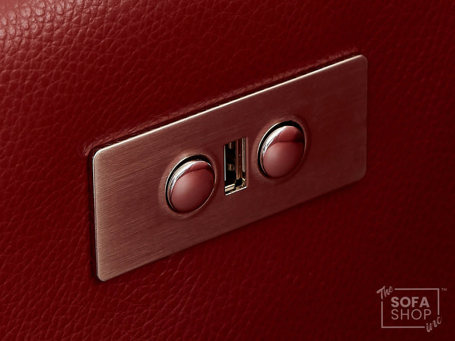 2 Seat Real Leather Electric Recliner Home Cinema Theatre Sofa In Red with Chilled Cupholders + Console + Power + USB + LED Lights | Rimini