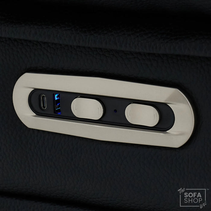 3+1 Electric Recliner Sofa Suite in Black Real Leather | Hi-Tech Cinema Set with Massage, Drop-Down Table, Power Headrest, Power Recliner, Storage Drawer, USB & Wireless Charging | Sicily