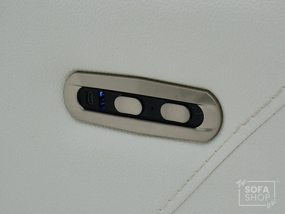 3 Seater Real Leather Electric Recliner Sofa with Fold-Down Table, Bluetooth Speakers, USB, Storage & Cupholders | White Genuine Leather | Napoli Series One