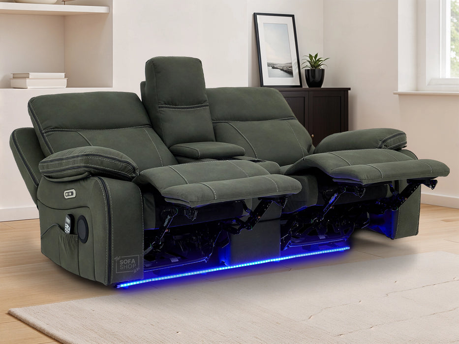 2 Seater Hi-Tech Sofa | Electric Recliner Home Cinema Seat in Green Fabric with Massage + Chilled Cupholders + Console + Power Sockets + USB | Vinsonova