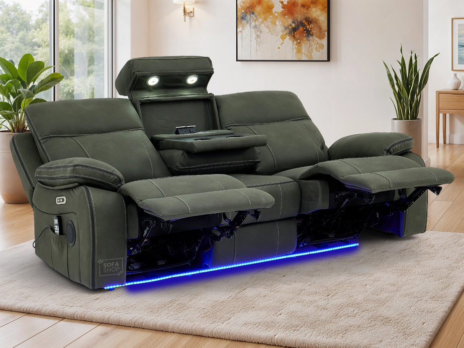 3 Seat Electric Recliner Home Cinema Theatre Sofa | Fabric Couch In Green with Massage + Cupholders + Table + Power + USB + Speakers | Vinsonova | The Sofa Shop