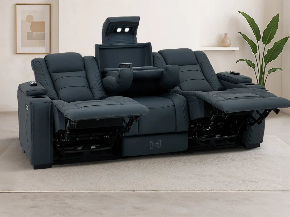 3+2 Cinema Sofa Set in Blue Genuine Leather with Massage, Drop-Down Table, Cup Holders, LED Reading Light, Power Recliner, USB Ports, Socket Set & Storage | Blue Leather | Napoli | The Sofa Shop