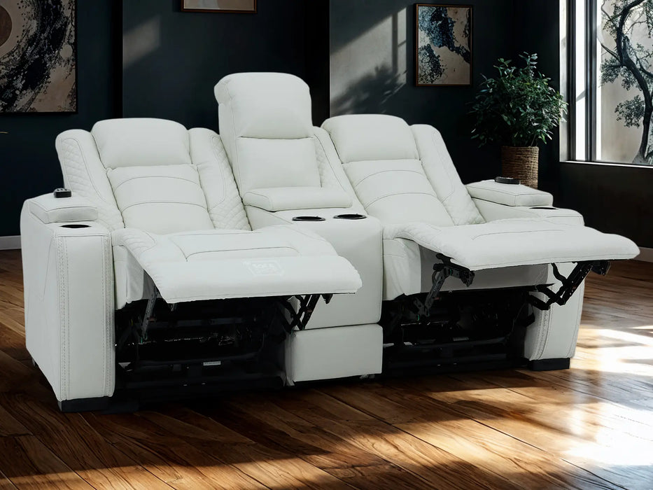 2 Seater Real Leather Electric Recliner Sofa with Cooler Cupholders, Massage, USB, Wireless Charging & Console | White Genuine Leather | Napoli