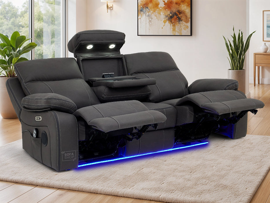 3 Seat Electric Recliner Home Cinema Theatre Sofa | Fabric Couch In Grey with Massage + Cupholders + Table + USB + Speakers | Vinsonova | The Sofa Shop