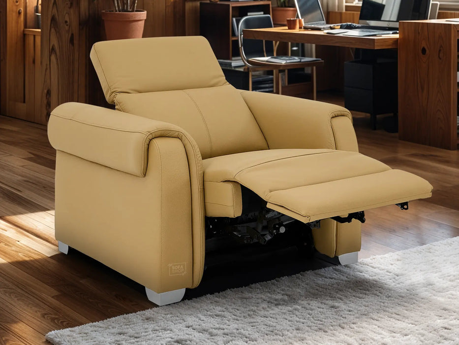 Real Leather Electric Recliner Chair In Tan | Hi-Tech Chair with Massage, Power Headrest + USB Charging Ports | Turin