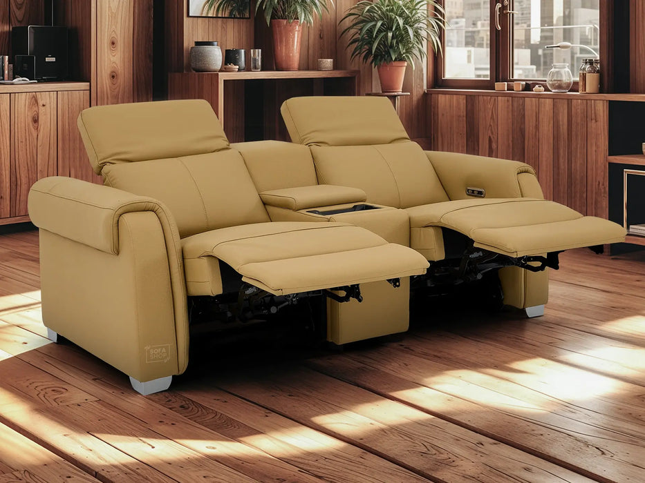 2 Seater Real Leather Electric Recliner Sofa | Cinema Sofa | Hi-Tech Sofa in Tan with Massage, Middle Console, Adjustable Headrests & USB | Turin