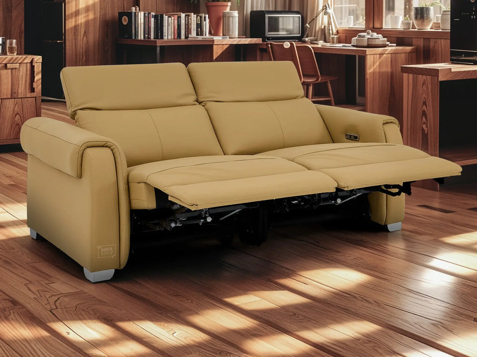 3 Seater Real Leather Recliner Sofa In Tan | Hi-Tech Sofa with Massage, USB Ports & Power Headrest | Turin