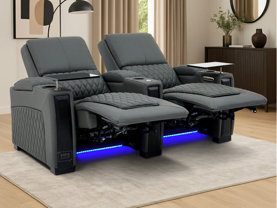 2 Seat Real Leather Electric Recliner Home Cinema Theatre Sofa In Grey With Multi-Position Reclining + LED Cup Holders & Lumbar Support | Assisi