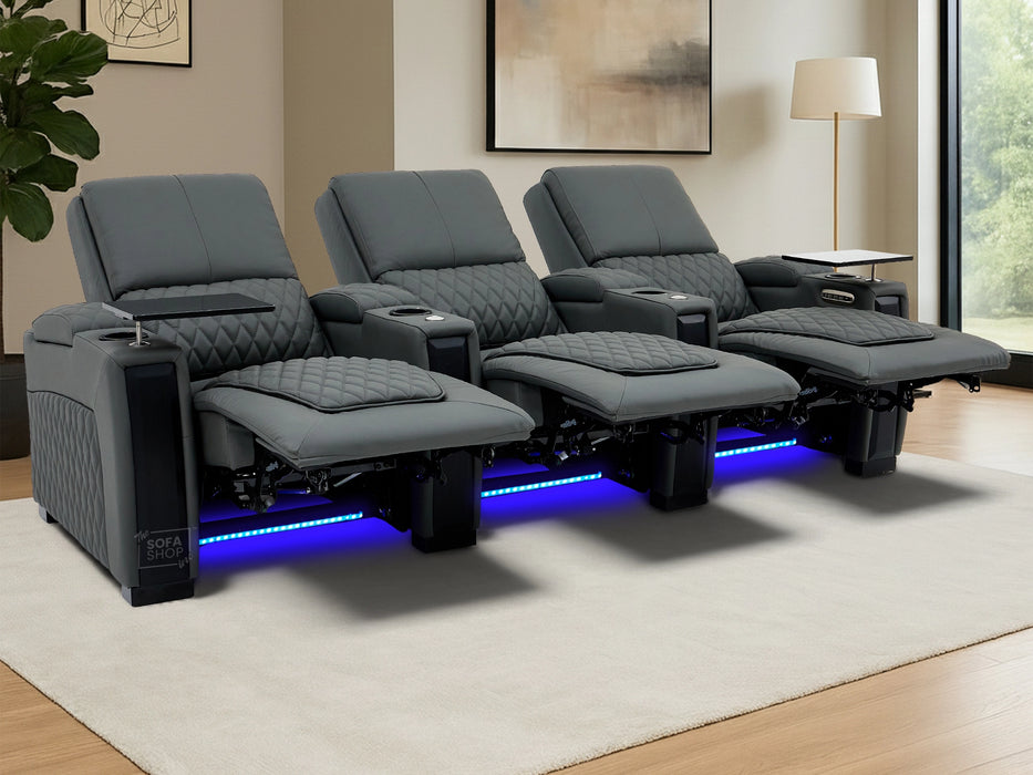 Real Leather 3+1 Home Theatre Sofa Suite In Grey | 2 Piece Reclining Cinema Sofa Package With Massage, Low Heated Lumbar, Power Lumbar, LED & Cooling Cup Holders | Assisi