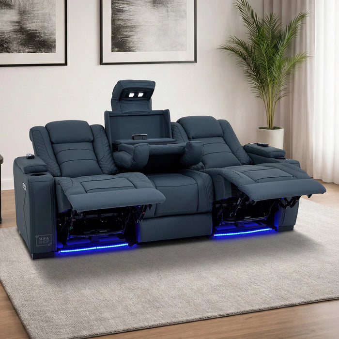 3 Seater Electric Recliner Cinema Sofa in Blue Genuine Leather with Massage, Drop-Down Table, Cup Holders, Power Recliner, USB Ports & Storage Box | Napoli