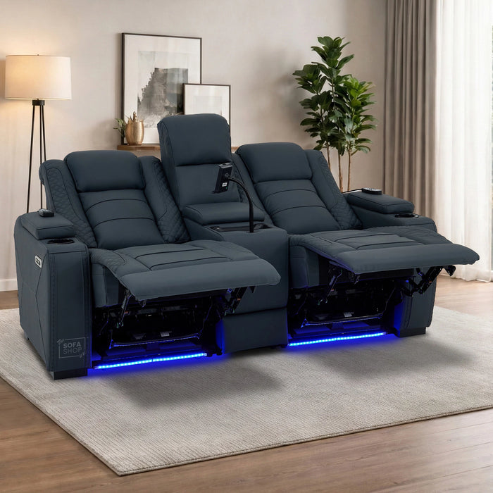 2 Seater Electric Recliner Cinema Sofa in Blue Real Leather with Massage, Heating, Cup Holders, Power Recliner, USB Ports, Socket Set & Storage Box | Blue Leather | Napoli