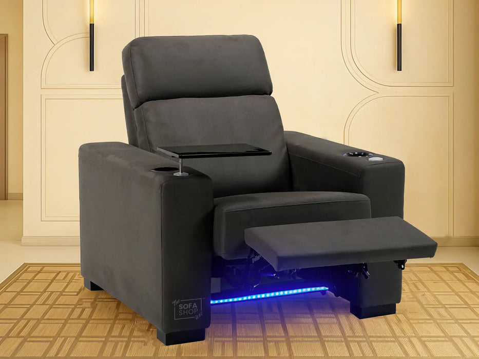 Fabric Cinema Armchair with Electric Reclining, Power Recliner, Lumbar Support, 2 Cup Holders, USB Charging & Tray Table | Hi-Tech Grey Fabric Chair | Palmero | Sofa Shop