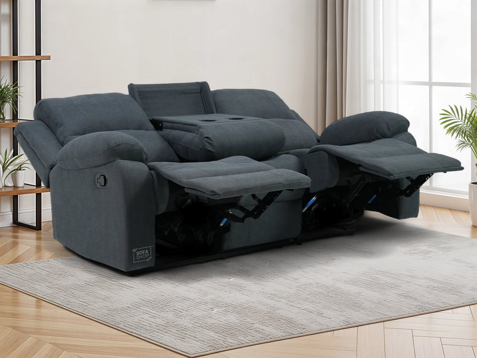 3 Seater Recliner Sofa in Dark Grey Fabric with Drop-Down Table & Cup Holders | Comfortable & Family-Friendly Sofa | Trento