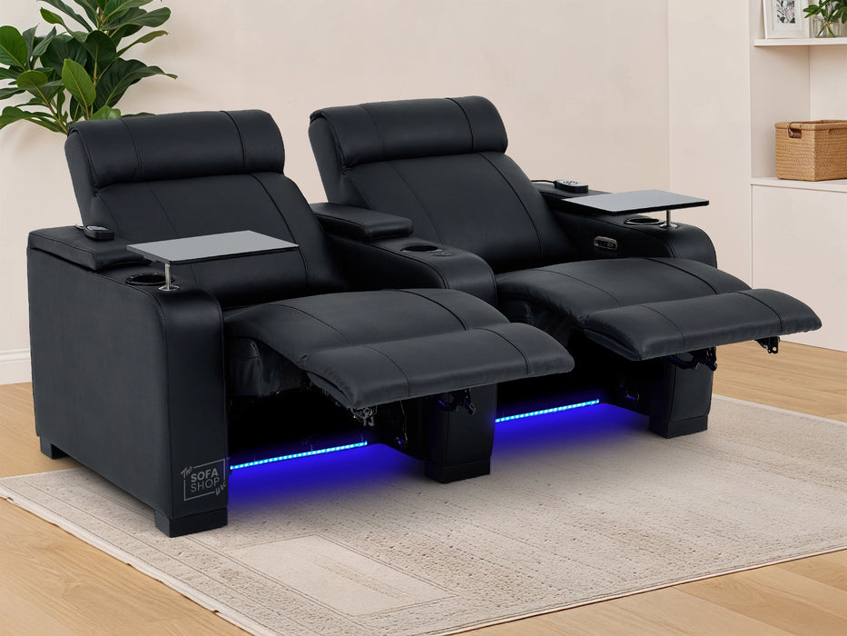 2 Seater Real Leather Electric Recliner Cinema Sofa in Black | Hi-Tech Cinema Sofa With Massage, Heated Lumbar, Power Grommet, Console & Chilled Cupholders | Rimini | The Sofa Shop
