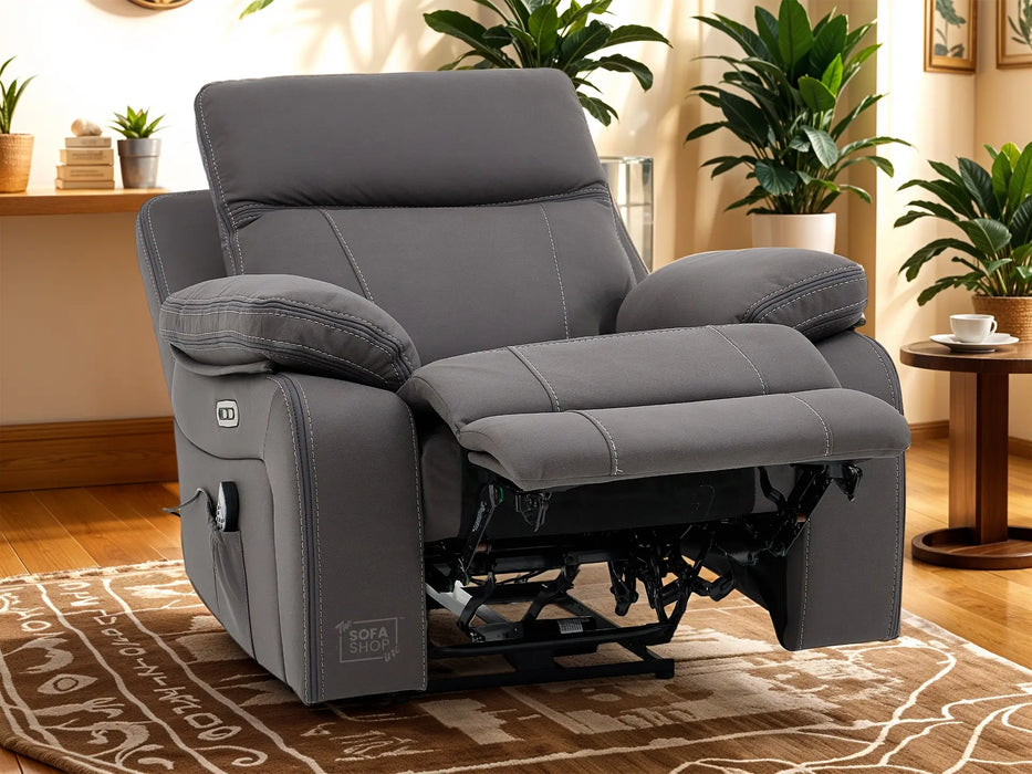 1 Seat Electric Recliner Chair Home Cinema Sofa | Hi-Tech Chair In Grey Fabric with Side Pocket + USB + Massage | Vinsonova