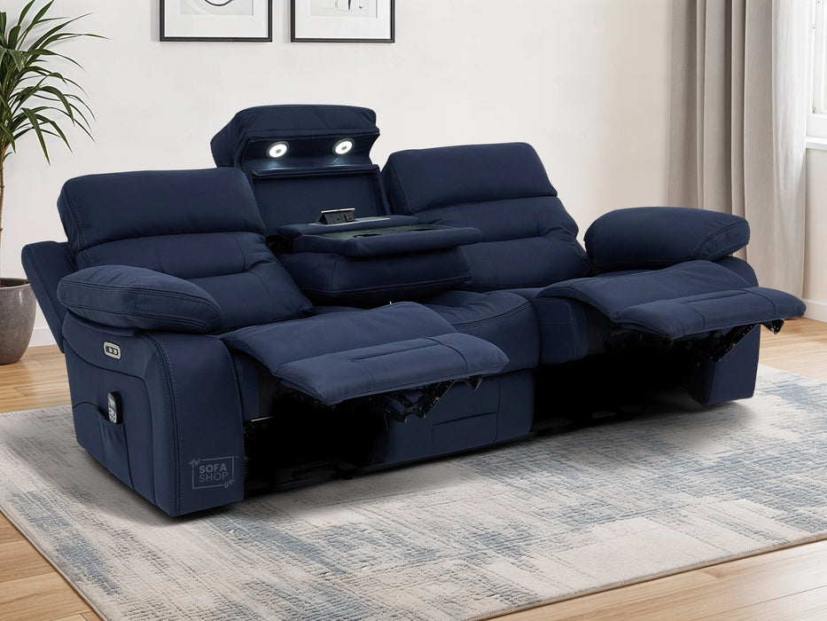 3+1 Electric Recliner Sofa Suite in Blue Resillience Fabric | Hi-Tech Cinema Set with Massage, Drop-Down Table, Power Headrest, Power Recliner, Storage Drawer, USB & Wireless Charging | Sicily