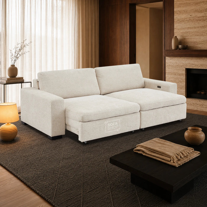 Extendable Electric Sofa - Bed in Cream Chenille Fabric | 3 Seater Power Sliding Couch Perfect for Home Cinema & Movie Nights  | USBc Charging Ports | Palma
