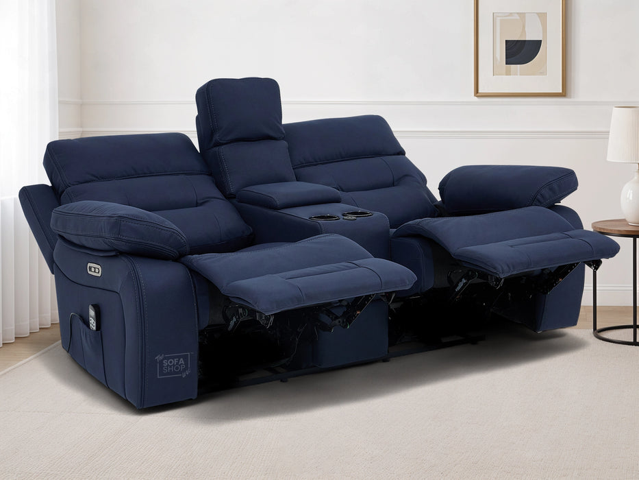3+2 Electric Recliner Sofa Set in Blue Resillience Fabric | Hi-Tech Cinema Package with Massage, Drop-Down Table, Power Headrest, Power Recliner, Storage Drawer, USB & Wireless Charging | Sicily