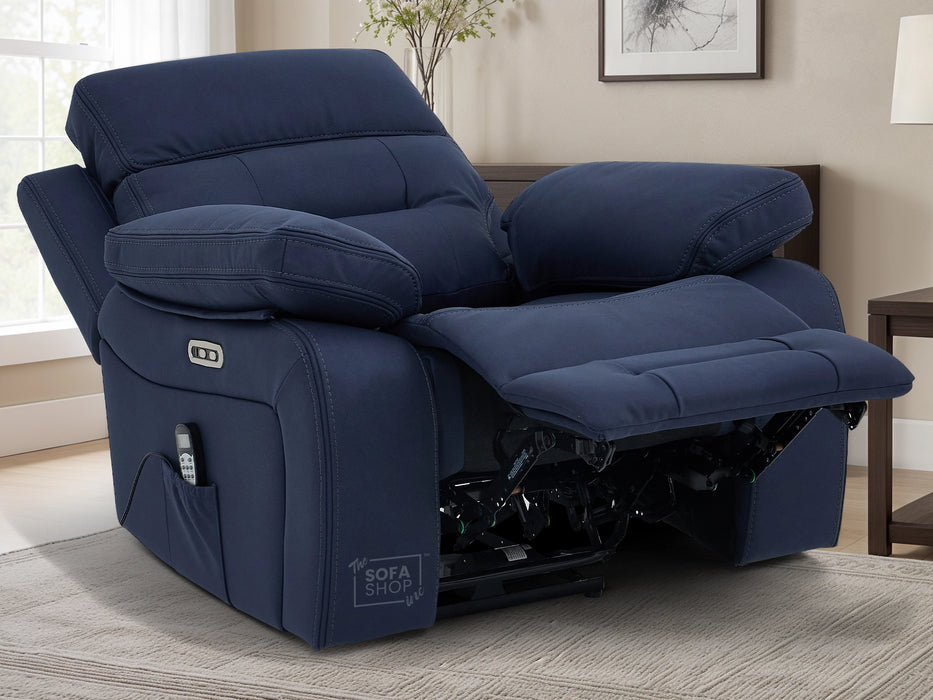 3+1 Electric Recliner Sofa Suite in Blue Resillience Fabric | Hi-Tech Cinema Set with Massage, Drop-Down Table, Power Headrest, Power Recliner, Storage Drawer, USB & Wireless Charging | Sicily