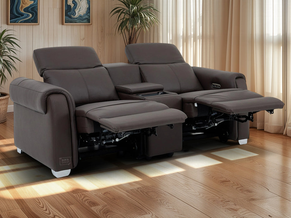 2 Seater Real Leather Electric Recliner Sofa | Cinema Sofa | Hi-Tech Sofa in Brown with Middle Console, Adjustable Headrests & USB | Turin Series One