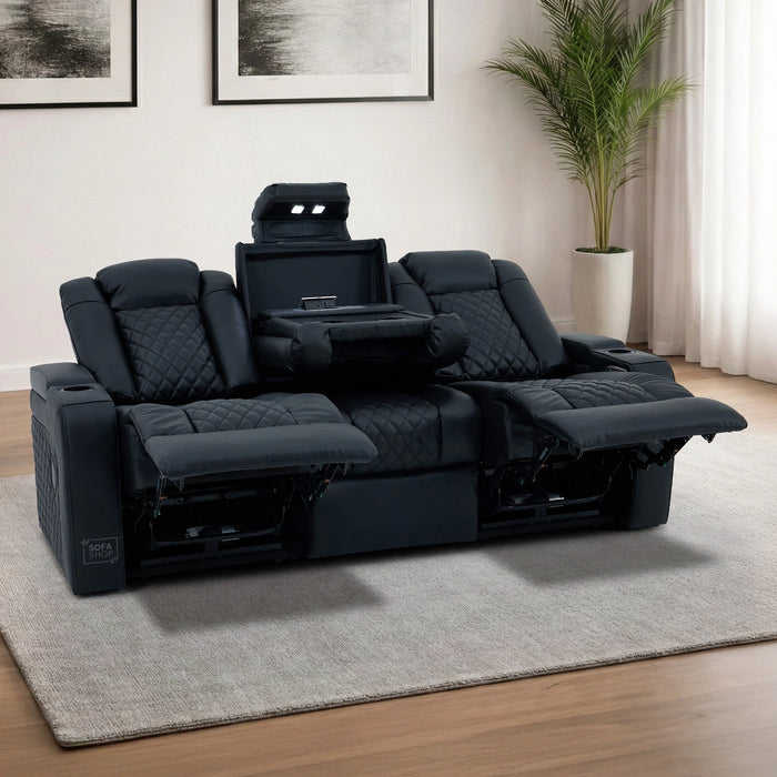 3 Seater Real Leather Electric Recliner Cinema Sofa in Black | Power Lumbar, Bluetooth Speaker, Fold-Down Table & Storage | Milano | The Sofa Shop