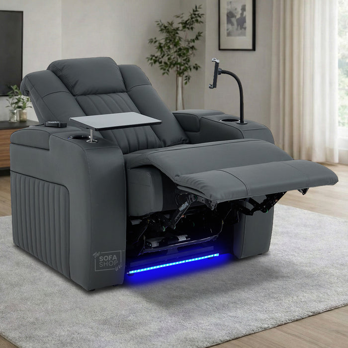 Real Leather Recliner Chair & Cinema Seat in Grey | Electric Armchair with Massage, Heating, LED Cup Holders, Table & USB Ports | Capri