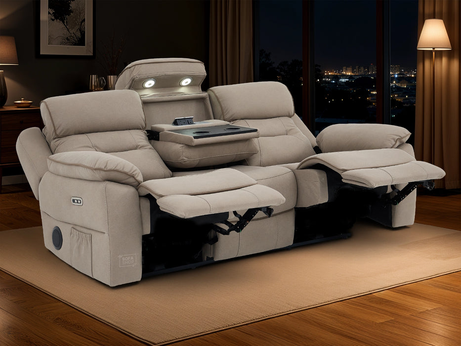 3 Seat Electric Recliner Home Cinema Sofa | Fabric Couch In Beige | Hi-Tech Sofa with Cup Holders + Table + Power Headrests + Speakers | Florence