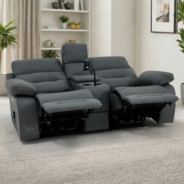 2 Seater Real Leather Electric Recliner Cinema Sofa in Grey | Massage, Heated Lumbar, Console & Cooling Cup Holders | Sicily | The Sofa Shop