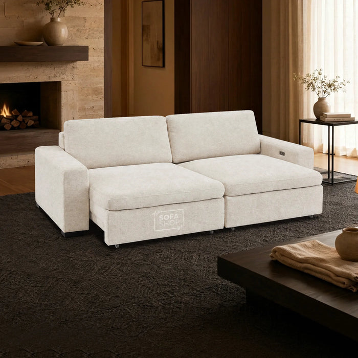 Extendable Electric Sofa - Bed in Cream Chenille Fabric | 3 Seater Power Sliding Couch Perfect for Home Cinema & Movie Nights  | USBc Charging Ports | Palma
