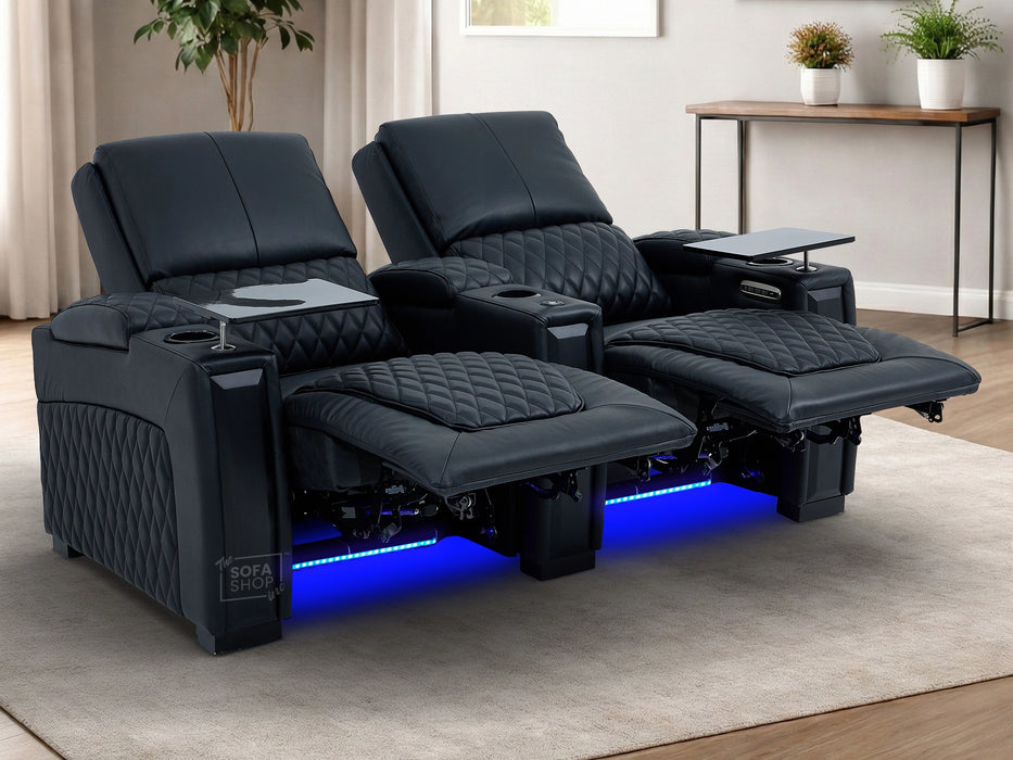 2 Seater Cinema Sofa in Black Real Leather | Luxury Theatre & Home Cinema Seating | Electric Recliner With Cooling Cup Holders + Lumbar Support | USB Charging + LED Lights | Assisi