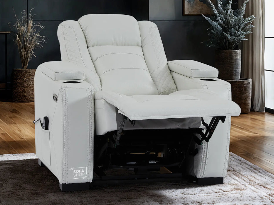 3+1 Real Leather Sofa Set. Two piece Sofa with Power Headrest, USB Ports, Electric Reclining, Massage Seats, Socket Set & Storage Drawer | White Leather | Napoli
