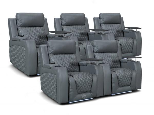 Row of 5 Electric Home Cinema Seats in Grey Leather Aire, With Recliner, Massage Seats, USB, Lights, Storage Arms, Chilled Cupholders - Venice Series One