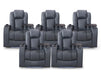 Row of 5 Electric Home Cinema Seats in Grey Leather Aire, With Recliner, Massage Seats, Removable Table, USB, Lights, Storage Arms, Chilled Cupholders - Pavia