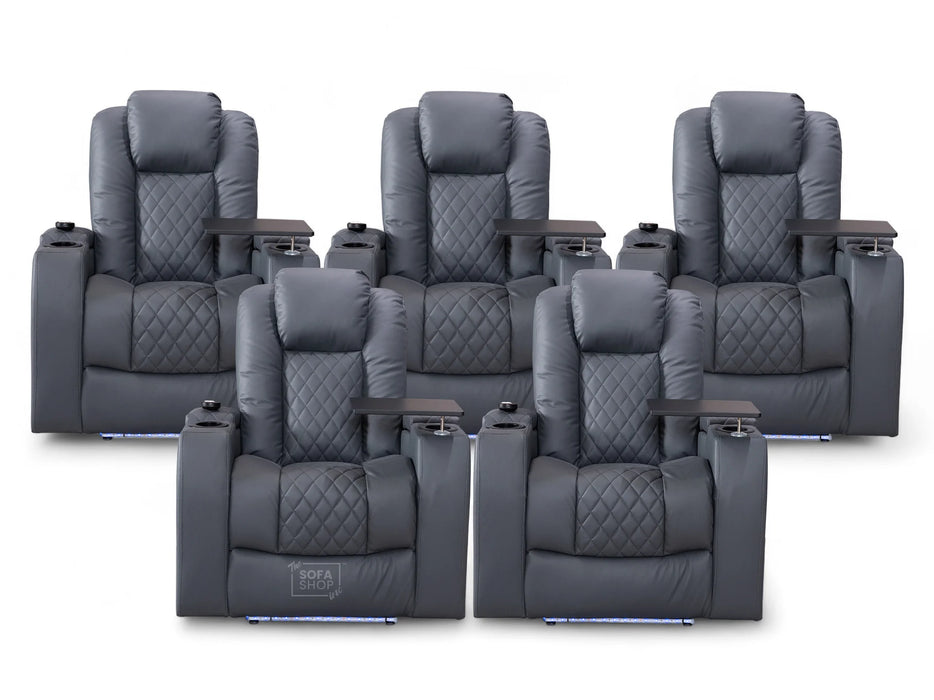 Row of 5 Electric Home Cinema Seats in Grey Leather Aire, With Recliner, Massage Seats, Removable Table, USB, Lights, Storage Arms, Chilled Cupholders - Pavia