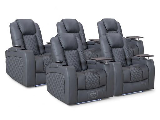 Row of 5 Electric Home Cinema Seats in Grey Leather Aire, With Recliner, Massage Seats, Removable Table, USB, Lights, Storage Arms, Chilled Cupholders - Pavia