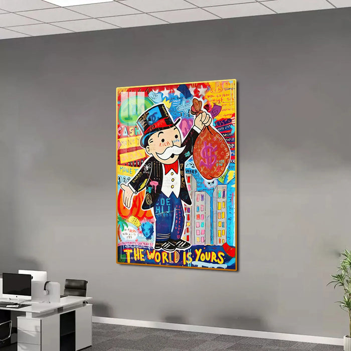 Monopoly Man LED Canvas | The World Is Yours | 100×150 cm LED-Illuminated Crystal-Porcelain Painting, Gold/Black Frame | The Sofa Shop