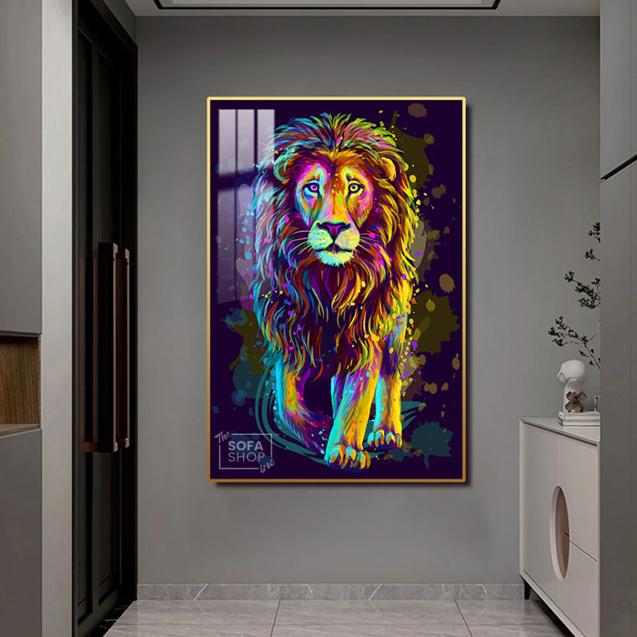 Colourful Lion LED Canvas 100 x 150 cm Vertical | Pop Art Wall Art With White Halo Glow + Remote & Plug Control + Crystal-Porcelain Finish + Gold Or Black Alloy Frame | The Sofa Shop