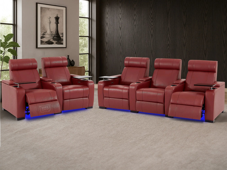 Real Leather 3+2 Electric Recliner Sofa Set In Red | 2 Piece Smart Hi-Tech Sofa Package with USB, Cupholders & Storage | Rimini